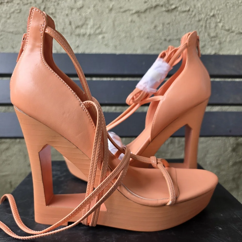 AAJ BY AMINAH WOMENS‎ NINA LACE-UP ARCHITECTURAL WEDGE SANDALS ORANGE Sz 6.5M